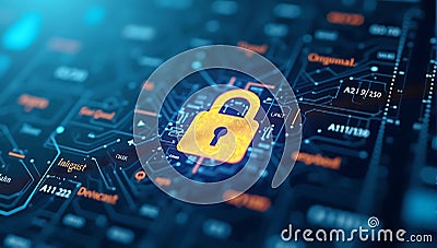 A close-up of a blockchain ledger with a digital lock icon, symbolizing data security, transaction protection, and trust in Stock Photo
