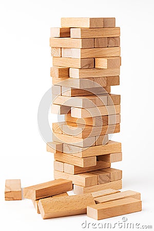 Close up blocks wood game jenga isolated on white background Stock Photo