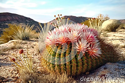 close-up of a blooming barrel cactus in desert landscape Stock Photo