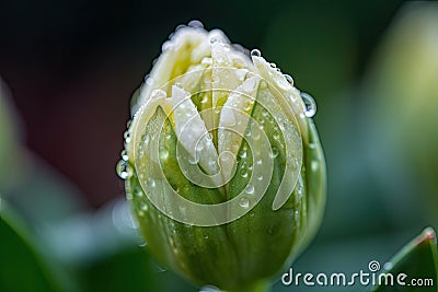 close-up of blooming flower bud, with dew drops glistening on the petals Stock Photo