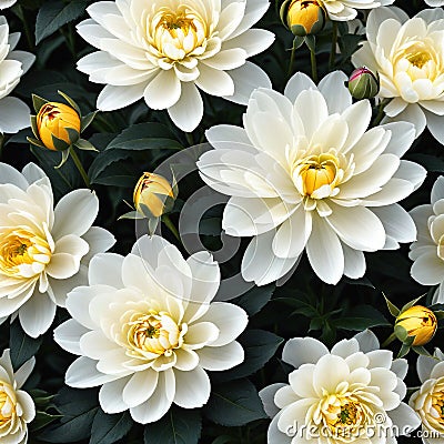 Close up of blooming flowerbeds of amazing white and golden flowers on dark moody floral ured Photorealistic Cartoon Illustration