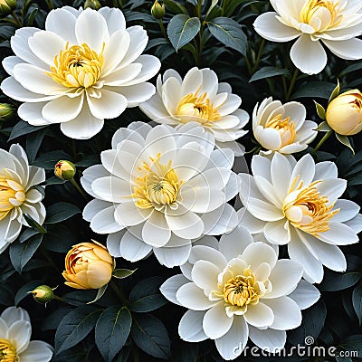 Close up of blooming flowerbeds of amazing white and golden flowers on dark moody floral ured Photorealistic Cartoon Illustration