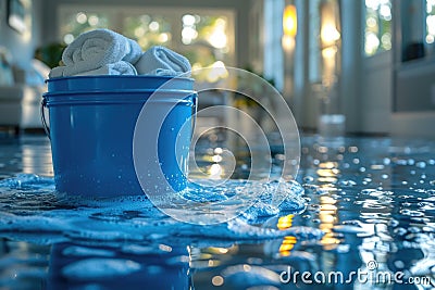 Close-up of a blue bucket and white towels on a freshly mopped floor. Stock Photo