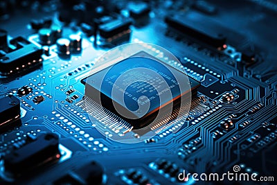 Close-up of a blue circuit board with a central microchip processor Stock Photo