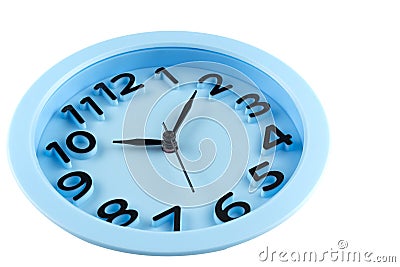 Close-up of the blue clock face with three-dimensional numbers. Focus on center Stock Photo