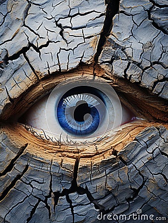 a close up of a blue eye on a cracked wooden surface Stock Photo