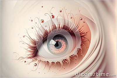 a close up of a blue eye with long eyelashes and a pink eyeliner with a pink center and a white background with bubbles Stock Photo