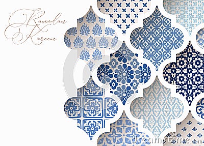 Close-up of blue ornamental arabic tiles, patterns through white mosque window. Greeting card, invitation for Muslim Vector Illustration