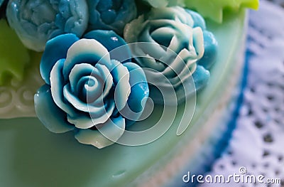 Close up blue rose jelly cake , cake homemade for mother day , celebrate cake for mom ,someone you love. Stock Photo