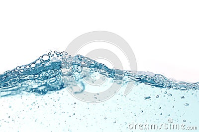 Close up blue water splash with air bubbles. Fresh and clean surface aqua flowing in wave and clean water on white background Stock Photo