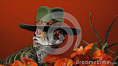 Close-up Boa Constrictor In Cowboy Hat With Orange Desert Background Cartoon Illustration