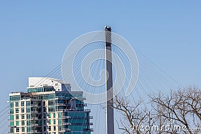 Close up of the Bob Kerrey cable stayed pedestrian bridge Omaha Nebraska in early spring Stock Photo