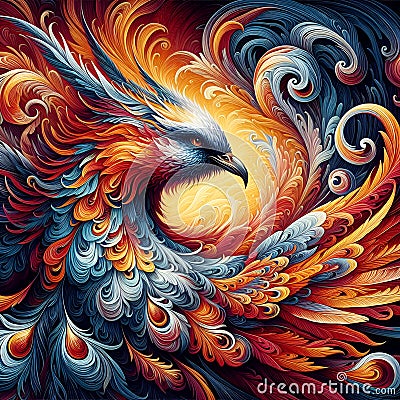 A close-up bold painting of beautiful phoenix, colorful, detailed, fantasy art, animal design, printable Stock Photo