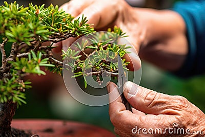 close-up of bonsai tree being pruned with sharp scissors Stock Photo