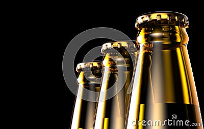 Close up bottles of beer on a black background. 3d illustration. Stock Photo