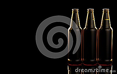 Close up bottles of beer on a black background. 3d illustration. Stock Photo