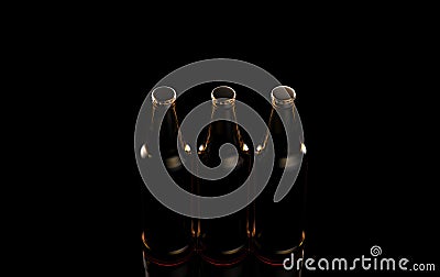 Close up bottles of beer on a black background. 3d illustration. Stock Photo