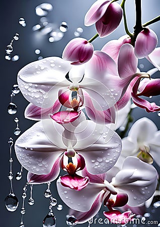 close-up of a bouquet of orchid flowers, gray-blue background, floating liquid, extremely unique beauty, white orchids, there is Stock Photo