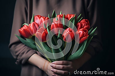 Close-up of a bouquet of red tulips in the hands of a girl in a blouse on a dark background Stock Photo