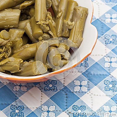 Close Up of Bowl of Canned Asparagus Stock Photo