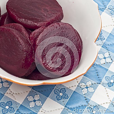 Close Up of Bowl of Canned Beets Stock Photo