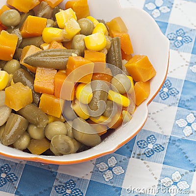 Close Up of Bowl of Canned Mixed Vegetables Stock Photo