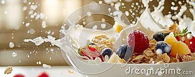 A close-up of a bowl of cereal with milk splashing and fresh fruit garnish, against a light Stock Photo