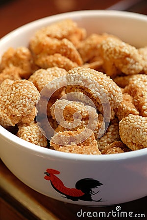 A close up of a bowl of Chinese sesame cookies. Stock Photo