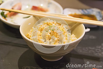 Close up of a bowl of garlic fried rice Stock Photo