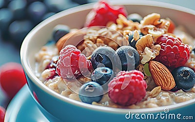 Close-up of a bowl of oatmeal with berries and nuts. Stock Photo