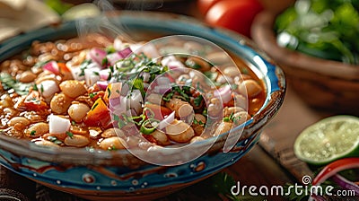 Close-up a bowl of pozole, a traditional Mexican stew made with hominy, pork or chicken, and garnished with various toppings Stock Photo