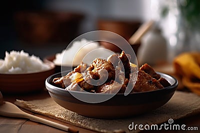 A bowl of rice and chicken adobo, Filipino food. Generative AI Stock Photo