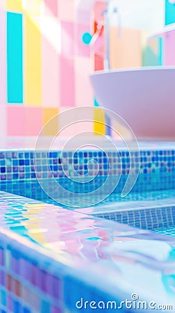 A close up of a bowl sitting on top of some colorful tiles, AI Stock Photo