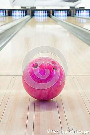 Close-up of a bowling ball in an alley Stock Photo