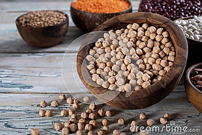 close up bowls with dried chickpeas for healthy eating Stock Photo