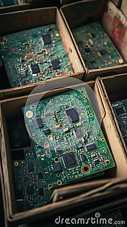Close up of boxes containing sorted computer circuit boards and electronic components Stock Photo