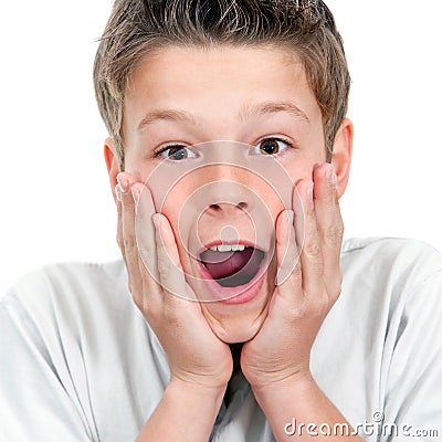 Close up of boy with surprising face expression. Stock Photo