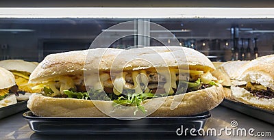 Close-up of bread roll sandwich with healthy lean meat Stock Photo