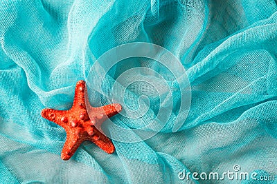 Dried red sea starfish on cian cloth background Stock Photo