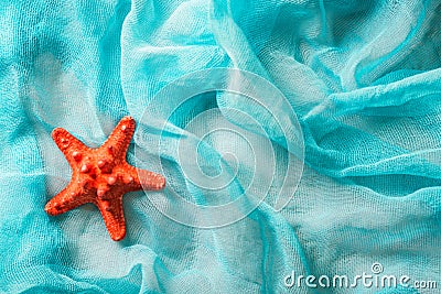 Dried red sea starfish on cian cloth background Stock Photo