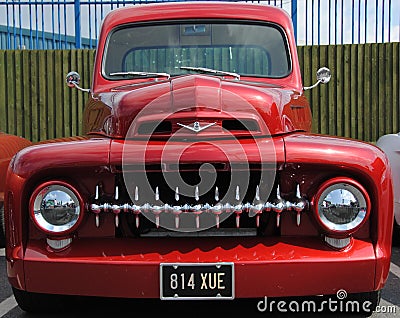 Close up of a bright red 1960s American pick up truck Stock Photo