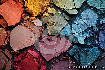 Close-up of a broken eyeshadow palette with different shades. The image is generated with the use of an AI. Stock Photo