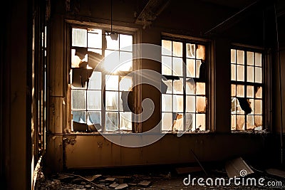 close-up of broken windows in abandoned building, with eerie light shining through Stock Photo