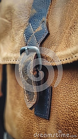 A close up of a brown leather bag with metal buckles, AI Stock Photo