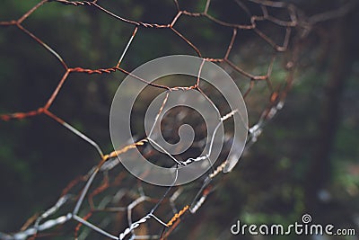 The close up of brown wire fence barricade which is hardly rusted Stock Photo