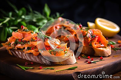 close-up of bruschetta with smoked salmon and herbs Stock Photo