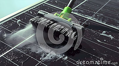 Close-up of a brush cleaning off dirt from a solar panel Stock Photo