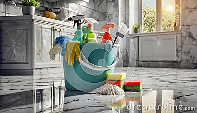 Bucket with Cleaning Products on the Kitchen Floor - Generative Ai Stock Photo