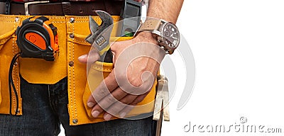 Close-up of builder touching wrench Stock Photo