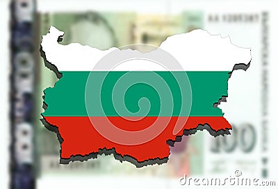 Close up on Bulgaria map on Bulgarian Lev Money background Stock Photo